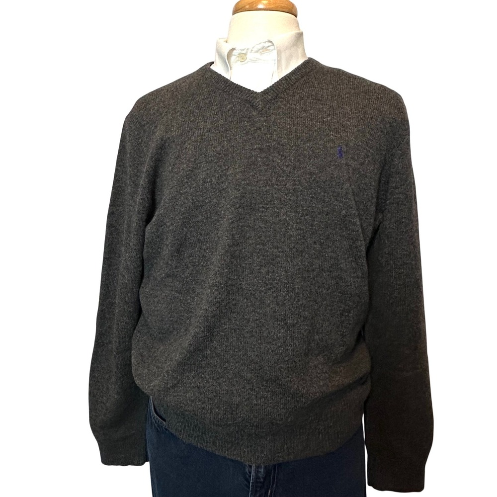 Polo Ralph Lauren Mens V Neck Sweater Dark Gray 100% Lambs Wool Size XL‎